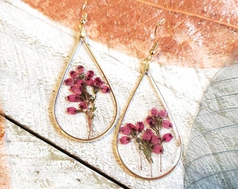 Handmade real pressed Heather flower pink botanical teardrop earrings