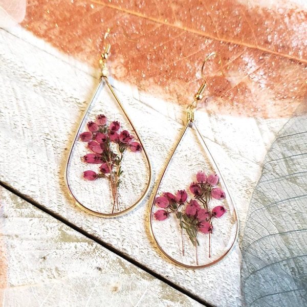 Handmade real pressed Heather flower pink botanical teardrop earrings