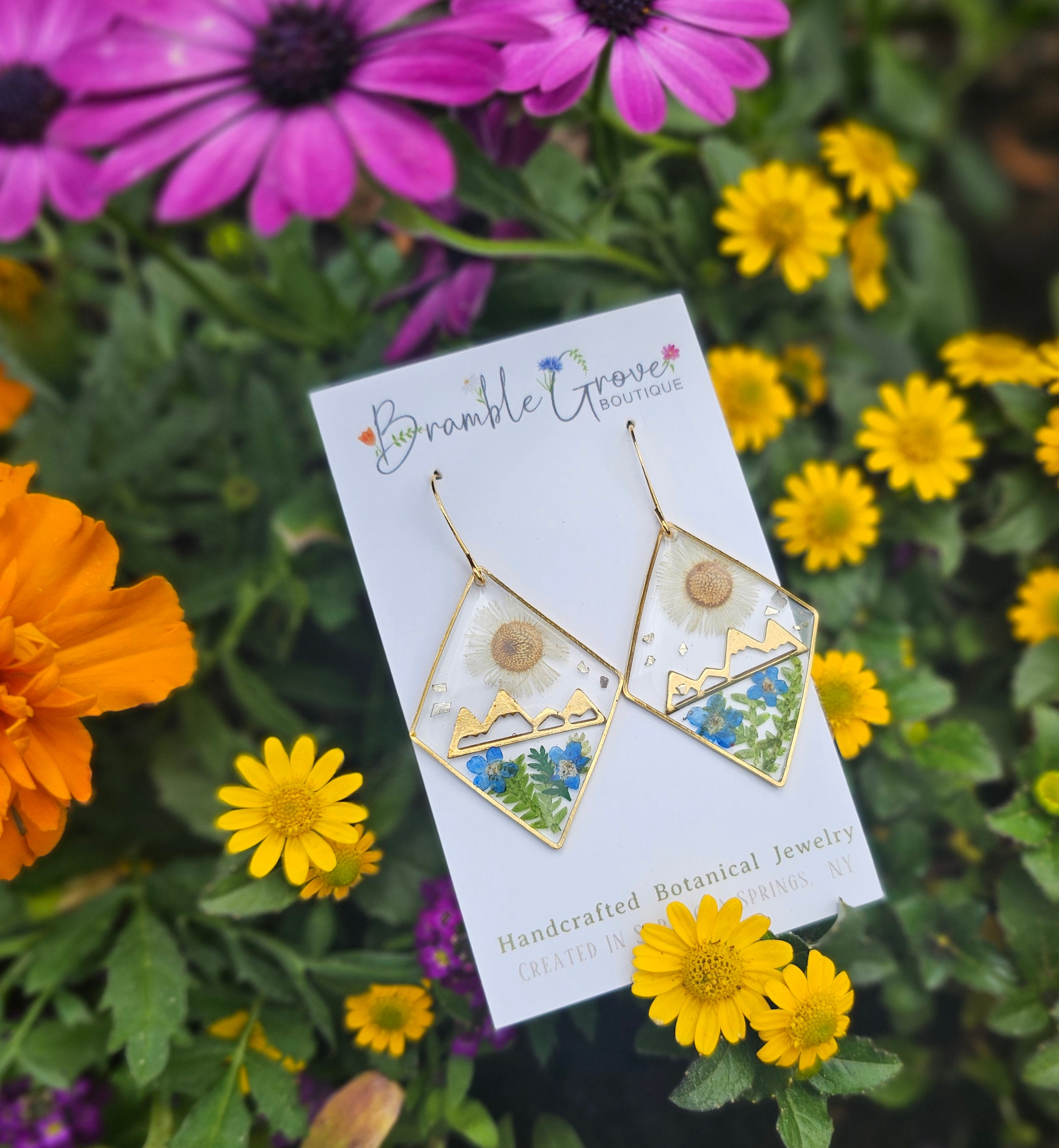 Handmade real flower and fern mountain landscape earrings | unique botanical jewelry | outdoors accessories