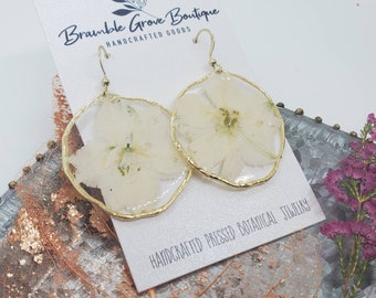 Handmade real pressed cream larkspur floral earrings | delicate gold jewelry | botanical earrings | gardener gift