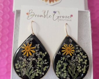Handmade black large teardrop real botanical earrings | fern and sunflower jewelry | botanical accessories | gardener gift