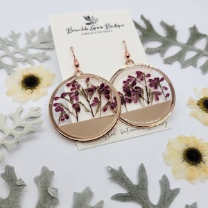 Handmade real pressed Heather flower circle cutout earrings