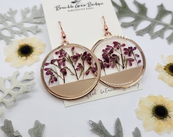 Handmade real pressed Heather flower circle cutout earrings