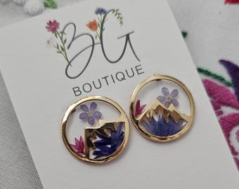 Handmade real pressed flower mountain stud earrings | pretty botanical jewelry | one of a kind garden studs