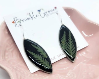 Handmade real pressed fern black botanical earrings | nature jewelry