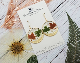 Handmade real flower and leaf fall earrings | gold boho plant jewelry | gardener gift