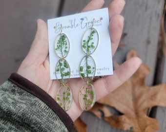 Handmade real pressed green pennycress dangle earrings | gardener gift | nature jewelry