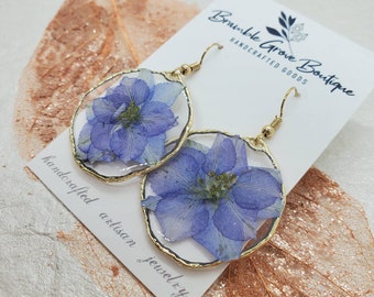 Gorgeous handmade real pressed lavender larkspur flower earrings | woodland jewelry | spring and summer gifts | botanical earrings