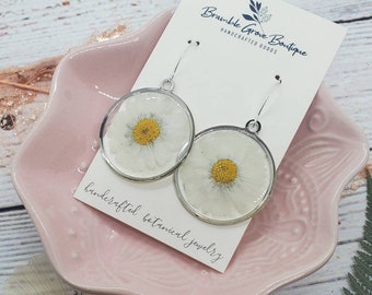 Handmade real pressed white daisy earrings | silver botanical jewelry | gardener gift