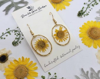 Handmade real flower simple Earrings | boho jewelry | gardener gift | sunflower and verbena earrings