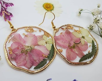 Handmade real pressed pink larkspur and hydrangea floral earrings | gorgeous one of a kind botanical earrings | spring jewelry and accessory