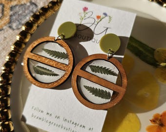 Handmade real pressed fern and wood stud earrings | botanical jewelry | gardener gift | boho summer accessories