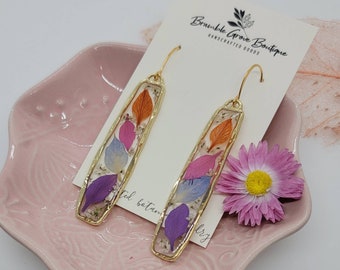Handmade real pressed colorful flower petal earrings | gold botanical jewelry  | gardener gift