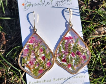Real pressed Heather flower pear shaped handmade earrings | gardener gift  | botanical jewelry