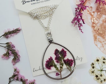 Handmade real pressed Heather flower botanical necklace
