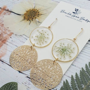 Handmade elegant white and gold real flower earrings | queen Anne's lace jewelry | gardener gift | Christmas gift | bridal Earrings