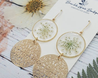 Handmade elegant white and gold real flower earrings | queen Anne's lace jewelry | gardener gift | Christmas gift | bridal Earrings