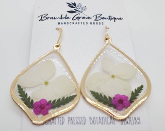 Handmade real pressed white hydrangea floral earrings | botanical jewelry | summer woodland  earrings