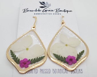 Handmade real pressed white hydrangea floral earrings | botanical jewelry | summer woodland  earrings
