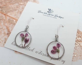 Handmade real pressed Heather flower small circle earrings | woodland jewelry | botanical earrings | preserved pink floral Earrings