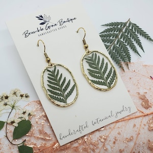 Handmade real pressed fern botanical earrings with gold trim image 1