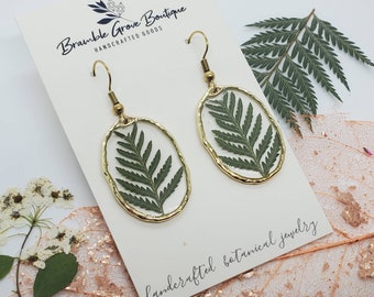 Handmade real pressed fern botanical earrings with gold trim