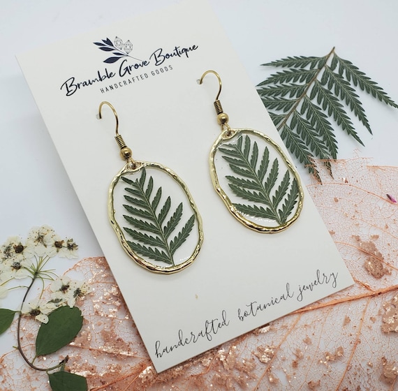 Handmade real pressed fern botanical earrings with gold trim