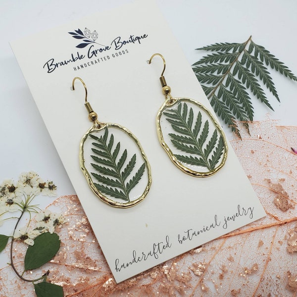 Handmade real pressed fern botanical earrings with gold trim