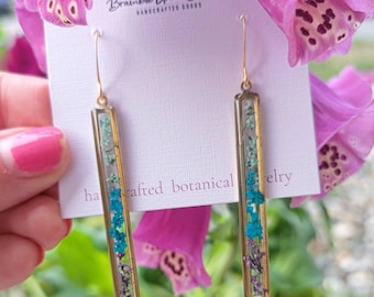 Handmade beautiful elegant long skinny bar flower earrings | nature gardener gift | botanical ombre jewelry | elegant style earrings