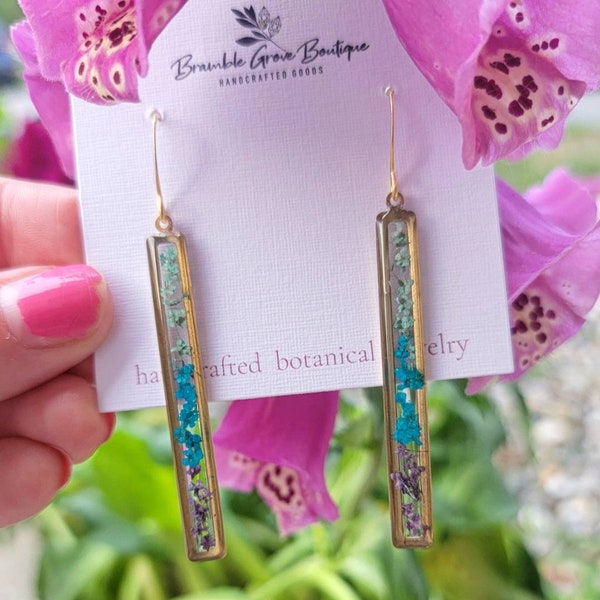 Handmade beautiful elegant long skinny bar flower earrings | nature gardener gift | botanical ombre jewelry | elegant style earrings