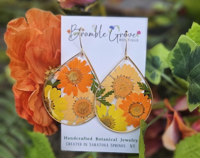 Featured listing image: Handmade real pressed daisy flower earrings | orange and yellow botanical jewelry | gardener gift