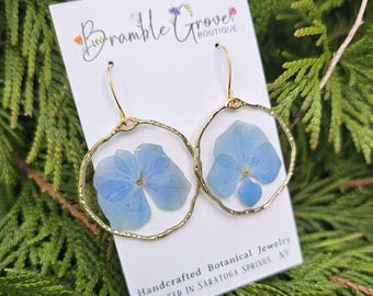 Handmade real pressed beautiful sky blue hydrangea earrings with elegant gold trim | blue floral botanical jewelry | gardener gift