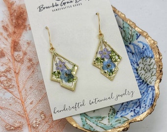 Handmade blue and gold flower earrings | botanical jewelry | gardener gift | forget me not flower gift