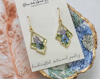 Handmade blue and gold flower earrings | botanical jewelry | gardener gift | forget me not flower gift