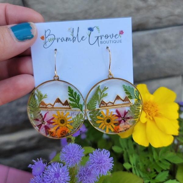 Handmade real pressed yellow and pink flower mountain earrings | mountainscape jewelry | botanical jewelry