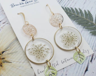 Handmade real flower earrings | white and green botanical jewelry | gardener gift