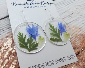 Handmade real pressed blue flower and fern earrings | botanical jewelry | floral summer Earrings | gardener gift | nature earrings