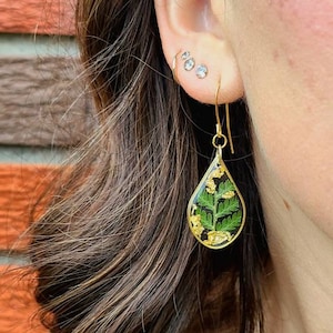 Handmade real pressed feather fern and gold leaf earrings | forest woodland jewelry | gardener gift