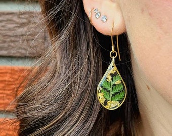 Handmade real pressed feather fern and gold leaf earrings | forest woodland jewelry | gardener gift