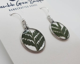 Handmade real pressed fern small circle earrings | woodland jewelry | botanical earrings | preserved fern Earrings