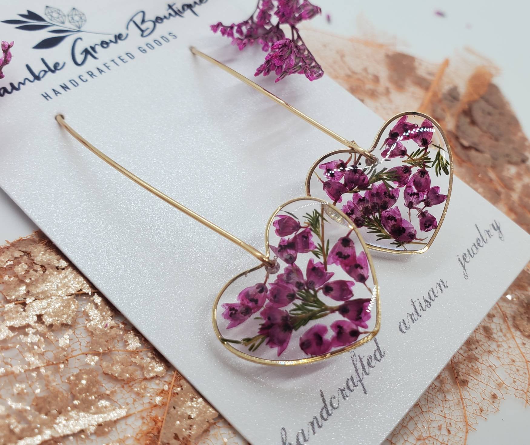 Handmade real pressed heart shape Heather flower Earrings botanical gold pretty jewelry woodland cottagecore inspired accessories