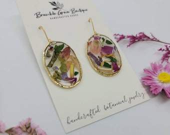Handmade real flower confetti earrings in gold | gardener gift  | botanical jewelry