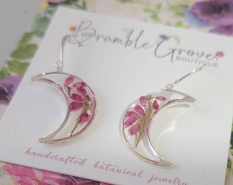 Handmade real pressed heather flower moon earrings  | gardener gift