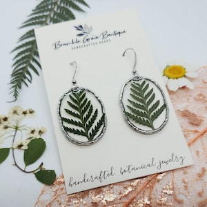 Handmade real pressed fern botanical earrings with gold trim Silver