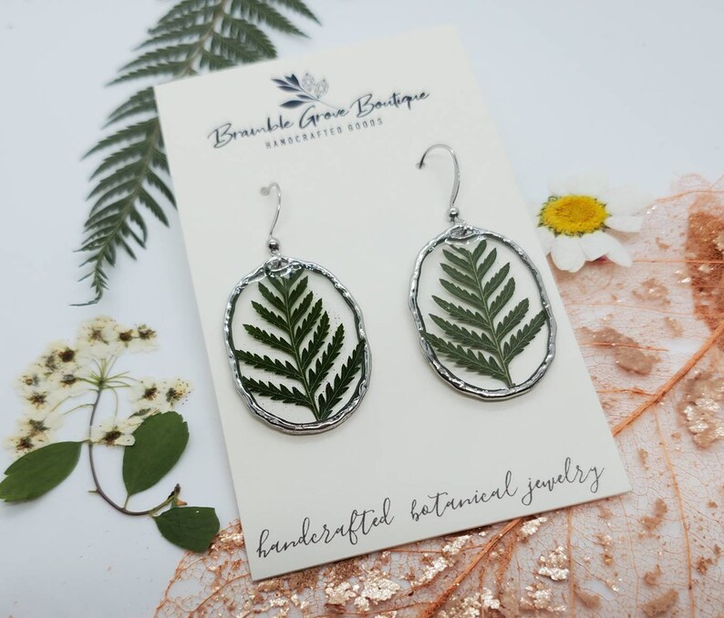 Handmade real pressed fern botanical earrings with gold trim Silver