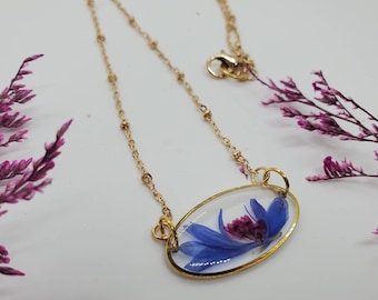 Handmade pink and blue botanical necklace | Dainty floral jewelry and accessories | feminine cottage core jewelry