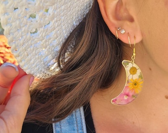 Handmade flower and glitter moon earrings | botanical jewelry | magical fairy accessories