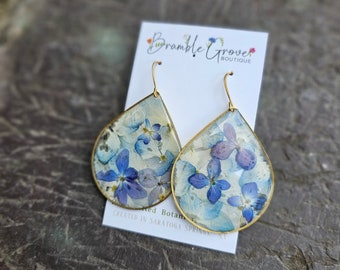 Handmade real pressed hydrangea and forget me not botanical earrings