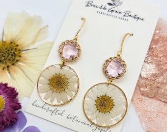 Handmade real daisy pink charm earrings | botanical jewelry | gardener gift | nature accessories