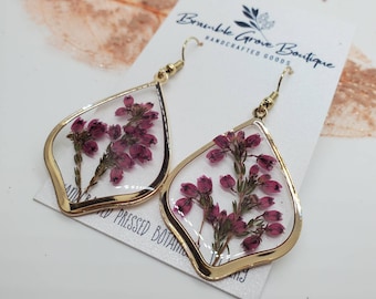 Real pressed Heather flower pear shaped handmade earrings